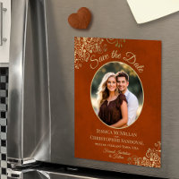 Rust Orange & Gold Wedding Save Date Oval Photo