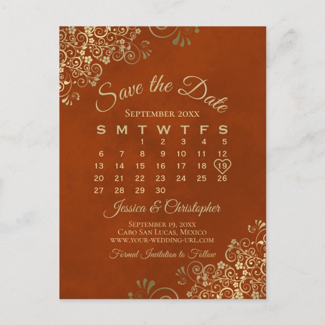 Rust Orange & Gold Wedding Save the Date Calendar Announcement Postcard (Front)