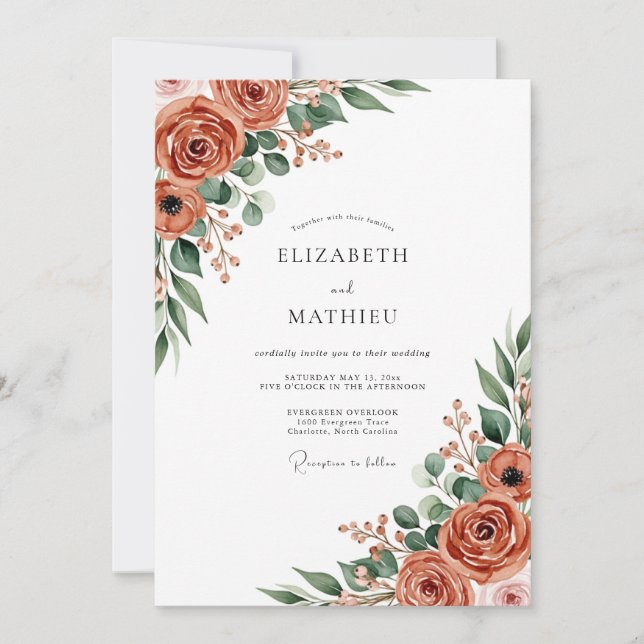 Rust Orange Gracious Botanical Wedding Invitation (Front)