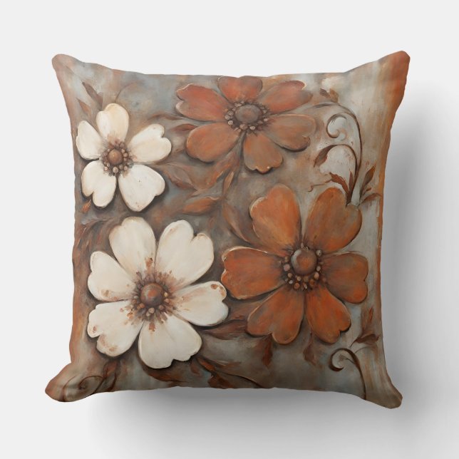 Rust Orange Grey Brown Modern Floral Cushion (Front)