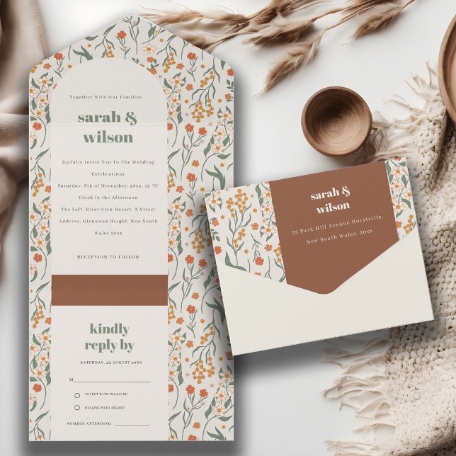 Rust Orange Groovy Retro Arch Floral Wedding All In One Invitation (Creator Uploaded)