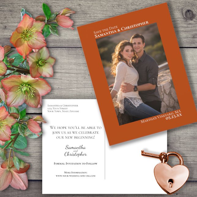 Rust Orange Minimalist Wedding Photo Save The Date Announcement Postcard (Creator Uploaded)