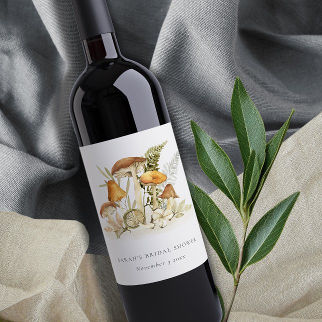 Rust Orange Mushroom Fern Foliage Bridal Shower Wine Label (Creator Uploaded)