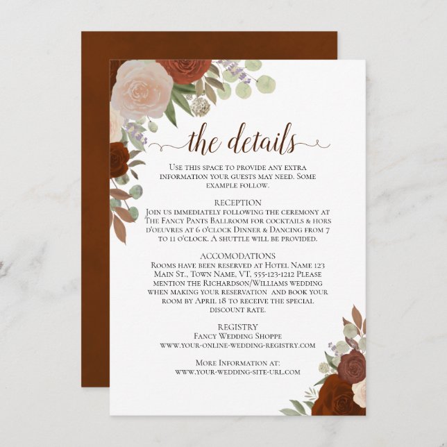 Rust Orange & Peach Roses Rustic Wedding Details Enclosure Card (Front/Back)