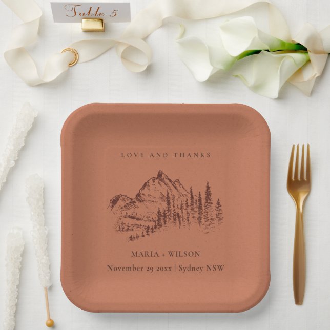 Rust Orange Pine Woods Mountain Sketch Wedding Paper Plate (Wedding)