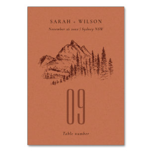 Rust Orange Pine Woods Mountain Sketch Wedding Table Number