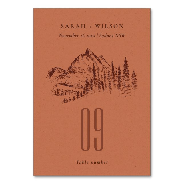 Rust Orange Pine Woods Mountain Sketch Wedding Table Number (Front)