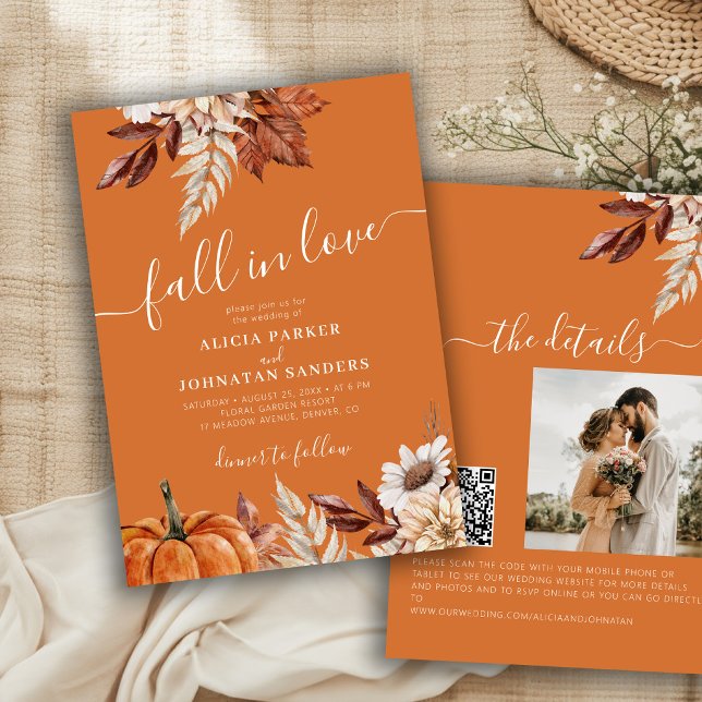 Rust orange QR code Fall in Love botanical wedding Invitation (Creator Uploaded)