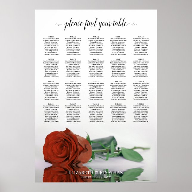 Rust Orange Rose 20 Table Wedding Seating Chart (Front)