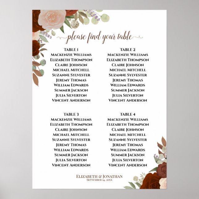 Rust Orange Roses 4 Table Wedding Seating Chart (Front)