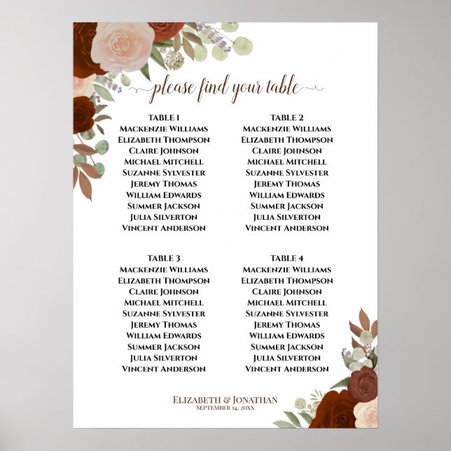 Rust Orange Roses 4 Table Wedding Seating Chart (Front)