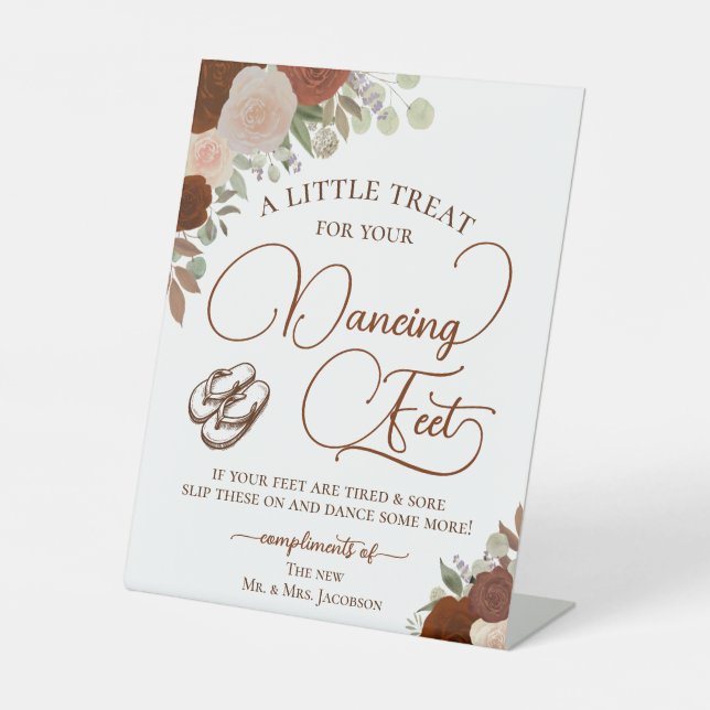 Rust Orange Roses Dancing Feet Flip Flop Wedding  Pedestal Sign (Front)