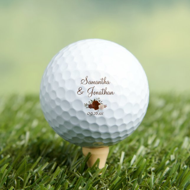 Rust Orange Roses Elegant Wedding Couple's Names Golf Balls (Insitu Tee)
