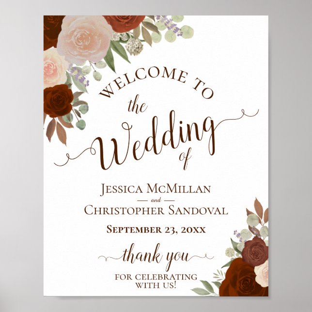 Rust Orange Roses Fall Floral Wedding Welcome Sign (Front)