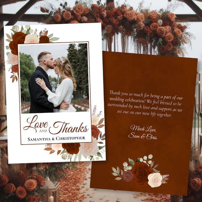 Rust Orange Roses Love Thanks Wedding Photo & Note Thank You Card (Front/Back)