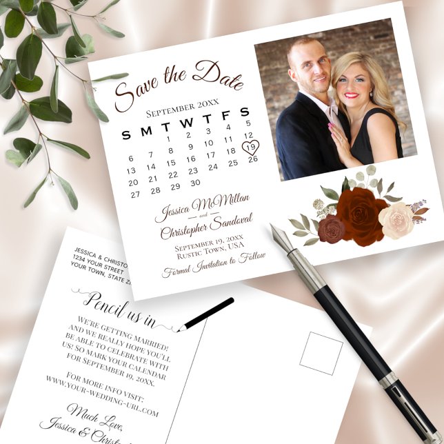 Rust Orange Roses Photo & Calendar Save the Date Announcement Postcard (Creator Uploaded)