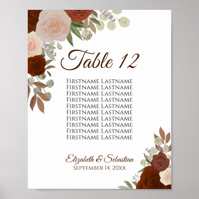 Rust Orange Roses Wedding Seating Chart Table Sign (Front)