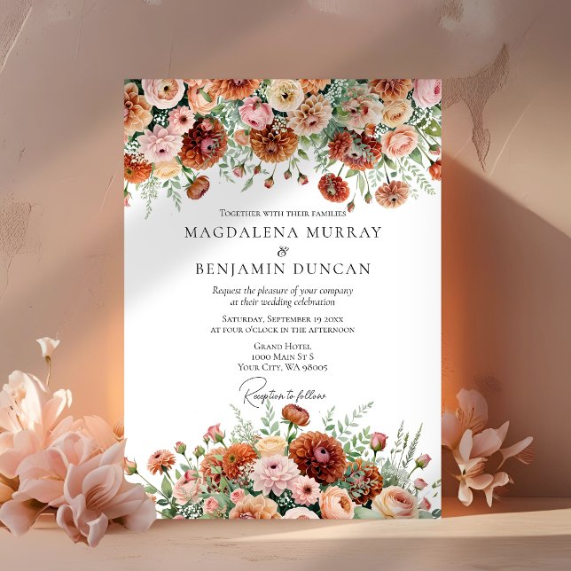 Rust Orange Sage Green Cream Flowers Fall Wedding Invitation (Creator Uploaded)