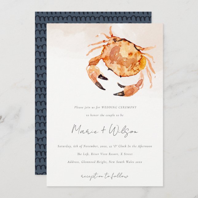 Rust Orange Sand Coastal Crab Nautical Wedding Invitation (Front/Back)