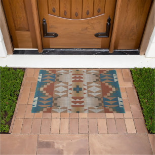 Rust Orange Taupe Brown Teal Blue Tribal Art Doormat