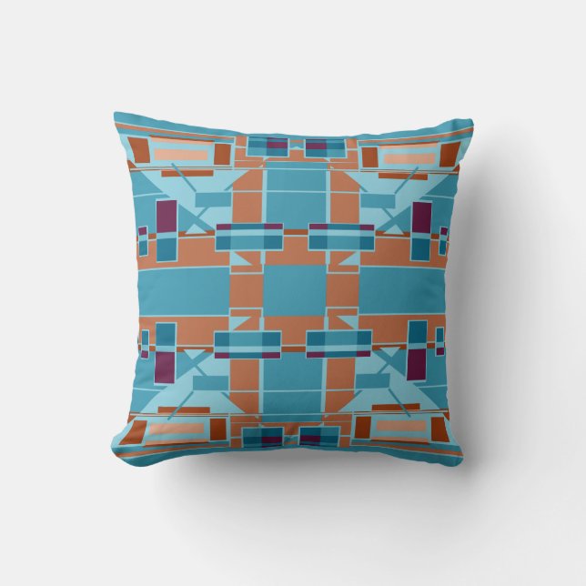 Rust Orange Teal Blue Burgundy Geometric Design Cushion (Front)