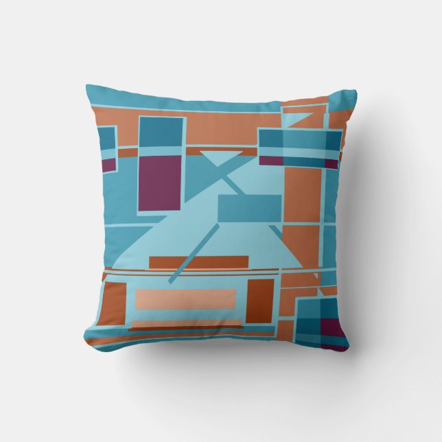 Rust Orange Teal Blue Burgundy Shapes Lines Cushion (Front)
