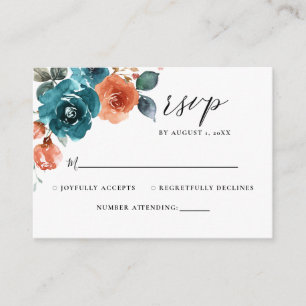 Rust Orange Teal Floral Watercolor Wedding RSVP Enclosure Card