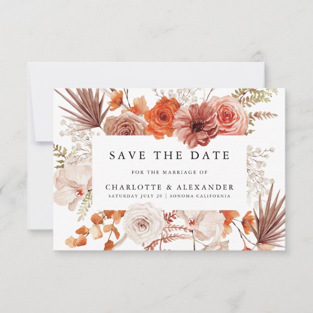 Rust Orange Terracotta Floral Palmetto Wedding Save The Date (Front)