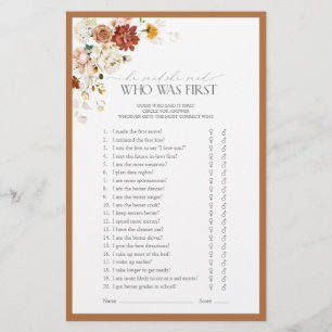 Rust Orange Watercolor Floral Bridal Shower Game