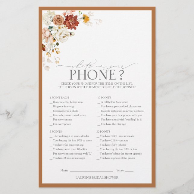 Rust Orange Watercolor Floral Bridal Shower Game (Front)