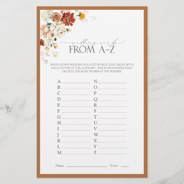 Rust Orange Watercolor Floral Bridal Shower Game (Front)