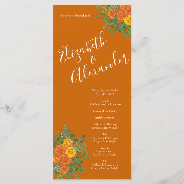 Rust Orange Wedding Vintage Floral Menu (Front)