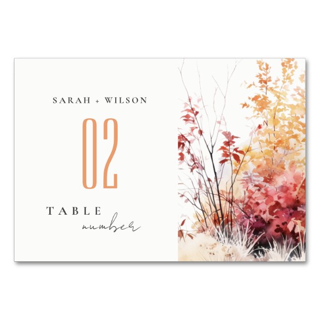 Rust Orange Yellow Autumn Fall Landscape Wedding Table Number (Front)