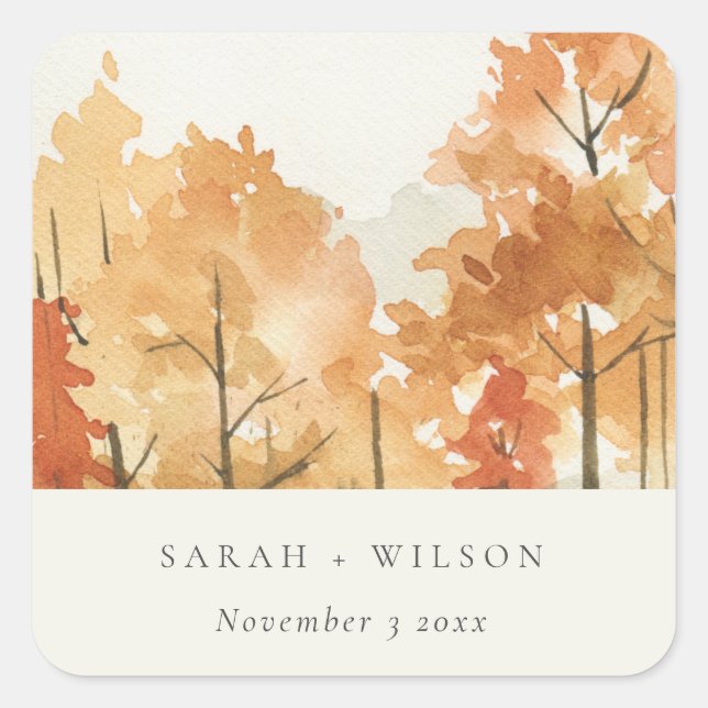 Rust Orange Yellow Autumn Fall Tree Wedding Square Sticker (Front)