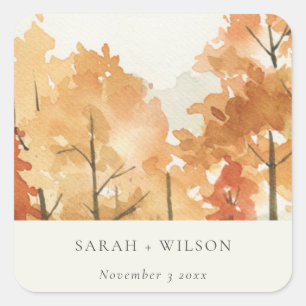 Rust Orange Yellow Autumn Fall Tree Wedding Square Sticker