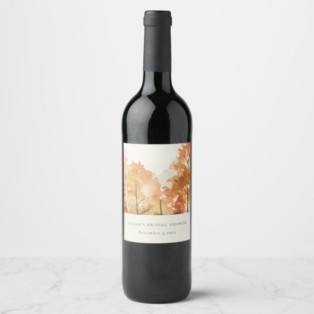 Rust Orange Yellow Autumn Fall Trees Bridal Shower Wine Label (Front)