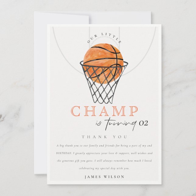 Rust Our Little Champ Basketball Any Age Birthday Thank You Card (Front)