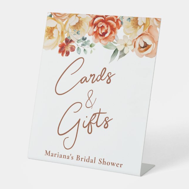 Rust Peach Floral Bridal Shower Cards & Gifts Pedestal Sign (Front)