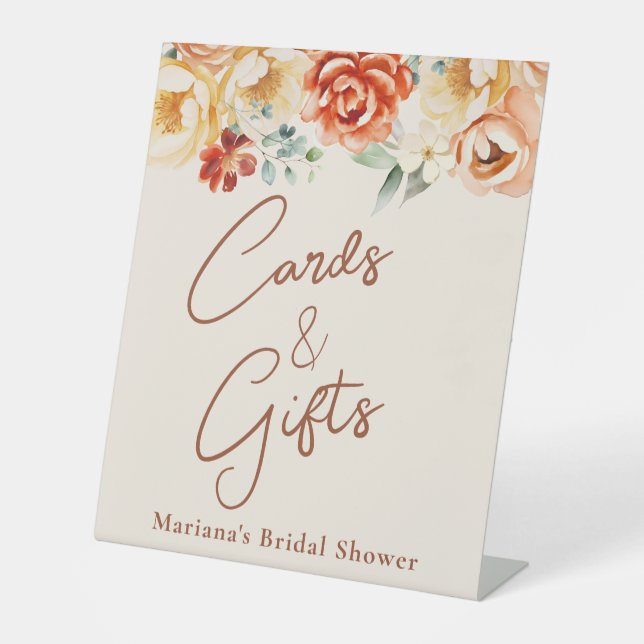 Rust Peach Floral Bridal Shower Cards & Gifts Pedestal Sign (Front)