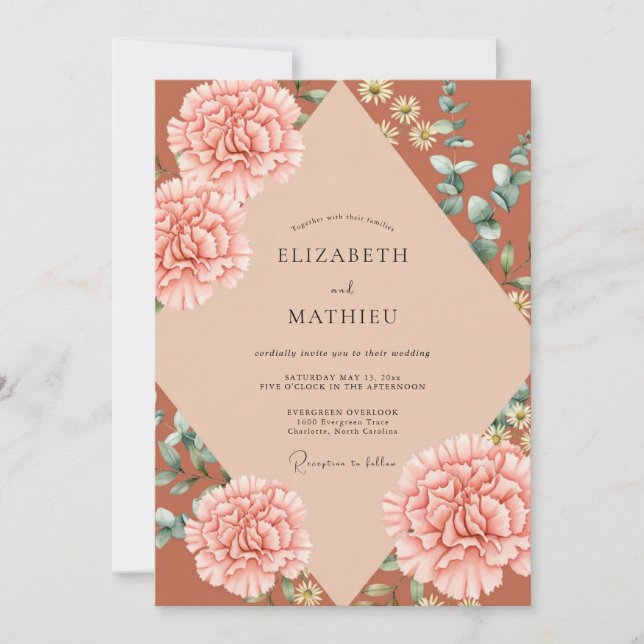 Rust Peach Ranunculus Eucalyptus Wedding Invitation (Front)