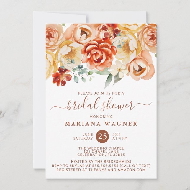 Rust Peach Romantic Floral Bridal Shower Invitation (Front)