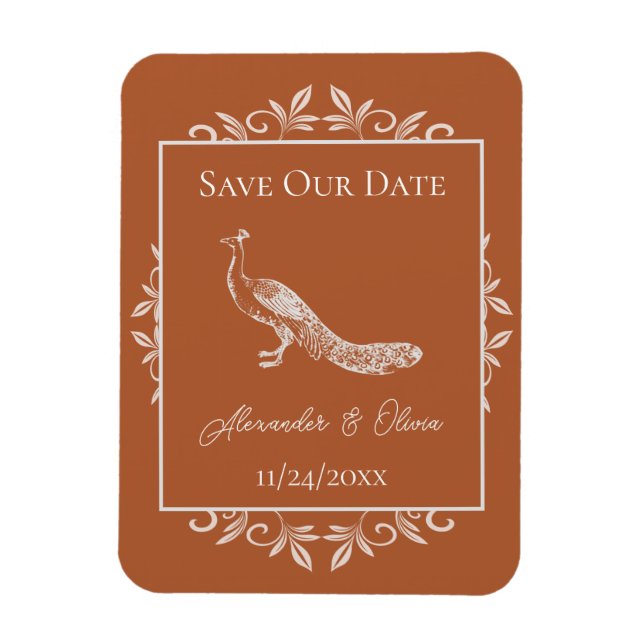 Rust Peacock Flourish Save The Date Magnet (Vertical)