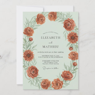 Rust Peony Wreath Wedding Invitation