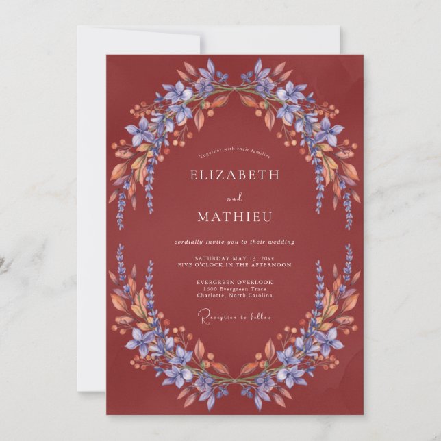 Rust Periwinkle Foliage Eucalyptus Wedding Invitation (Front)