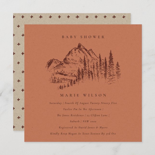 Rust Pine Mountain Sketch Baby Shower Invite (Front/Back)