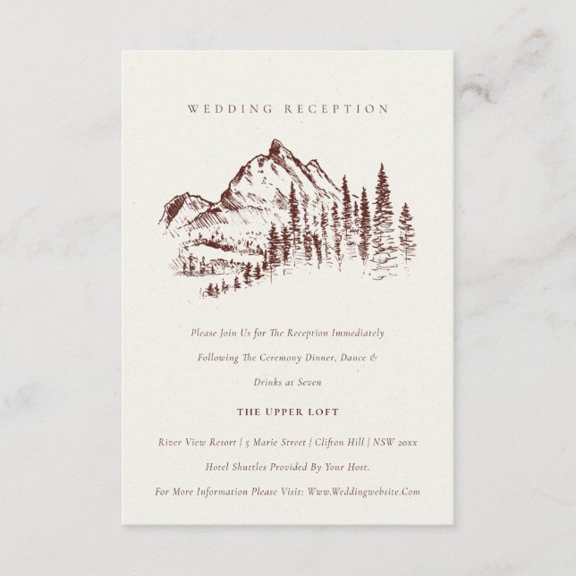 Rust Pine Woods Mountain Sketch Wedding Reception Enclosure Card (Front)
