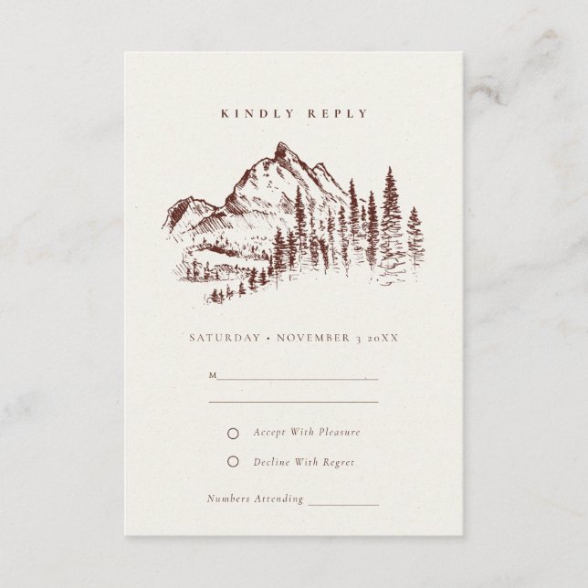 Rust Pine Woods Mountain Sketch Wedding RSVP Enclosure Card (Front)