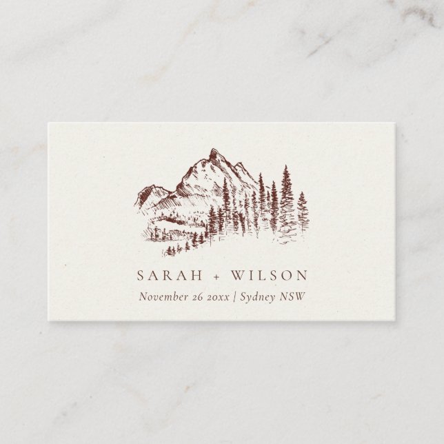 Rust Pine Woods Mountain Sketch Wedding Website Enclosure Card (Front)