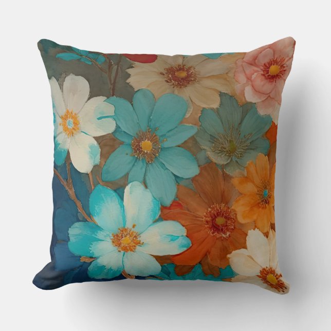 Rust, Pink and Turquoise Floral Cushion (Front)