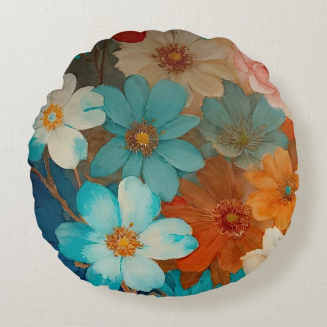 Rust, Pink and Turquoise Floral Round Cushion (Front)
